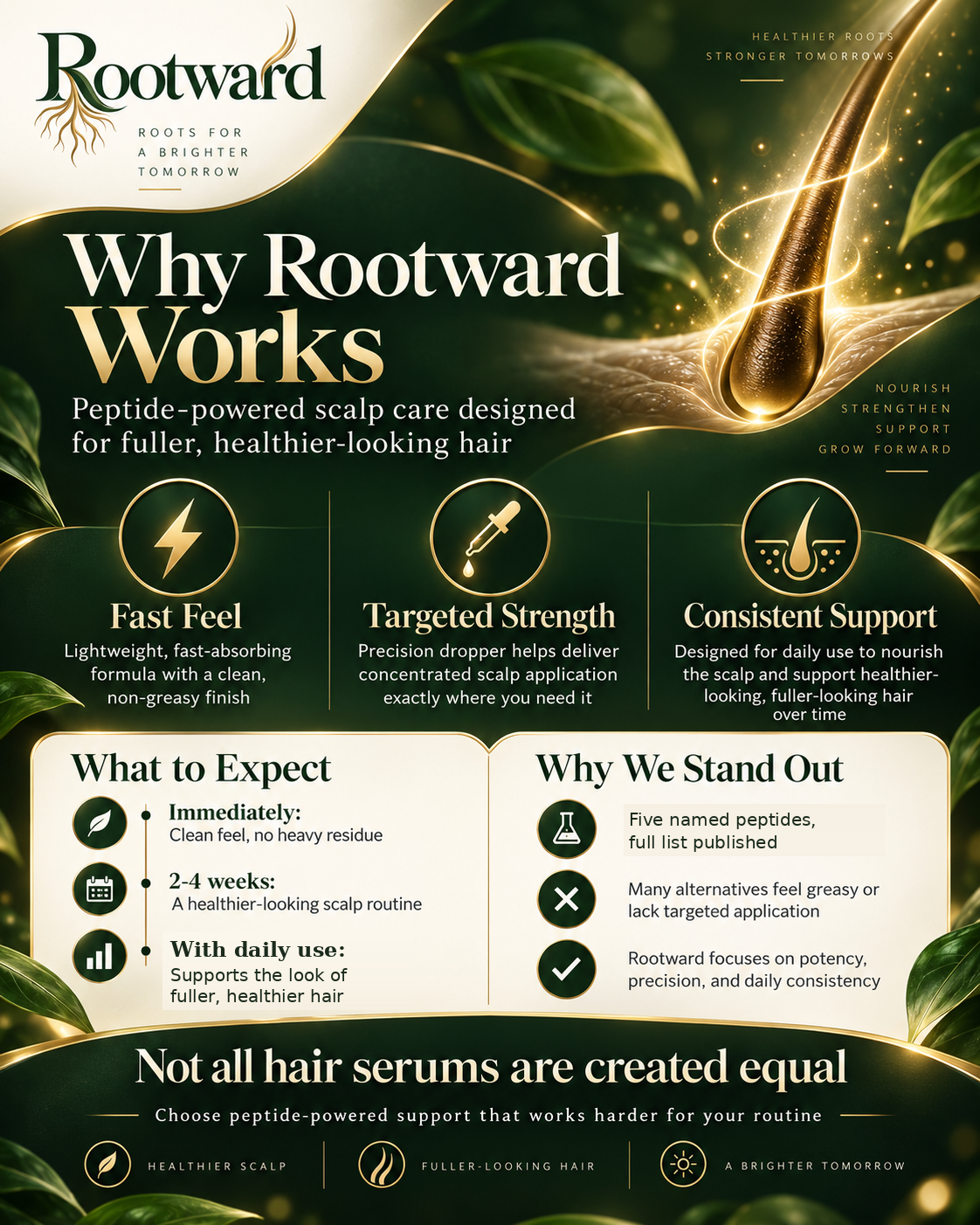 Why Rootward works: fast-absorbing formula, precision dropper application, and consistent daily scalp support